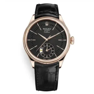 Rolex Cellini 50525 Black Dial Leather Strap Dual Time 39mm Watch