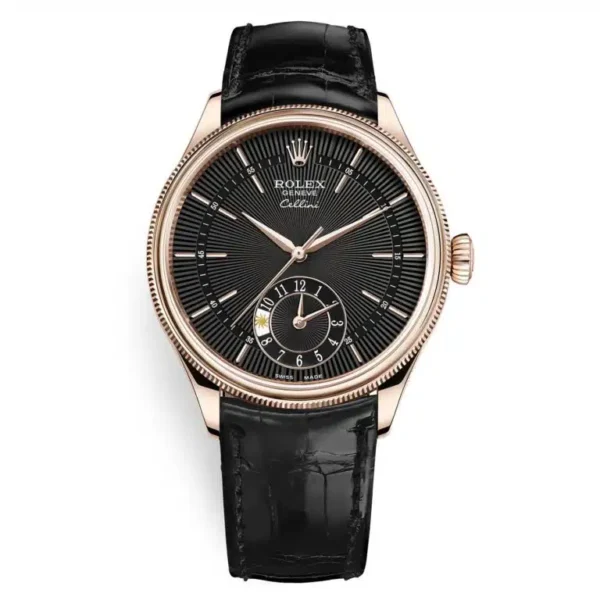 Rolex Cellini 50525 Black Dial Leather Strap Dual Time 39mm Watch