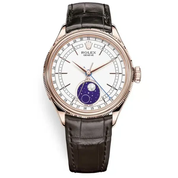 Rolex Cellini Moonphase 50535 White Dial Leather Strap 39mm Watch