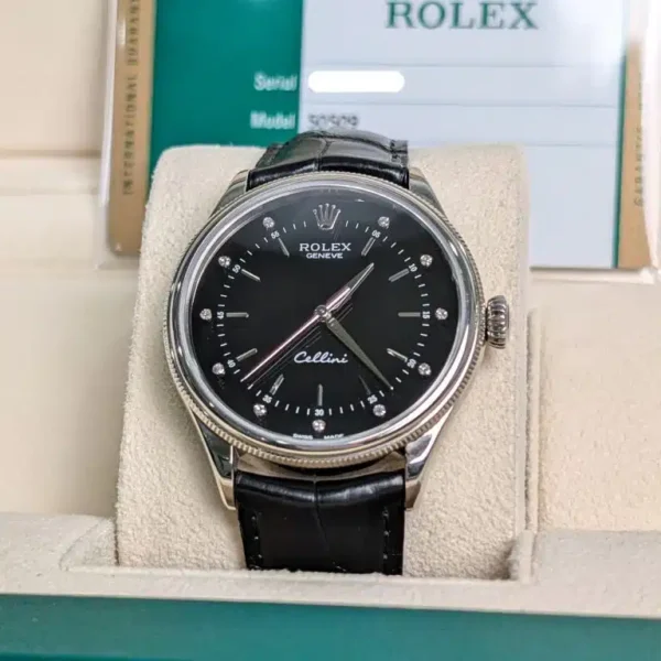 Rolex Cellini 50509 Black Diamond Dial Leather Strap Time 39mm Watch - Image 8