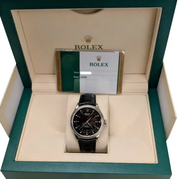 Rolex Cellini 50509 Black Diamond Dial Leather Strap Time 39mm Watch - Image 9
