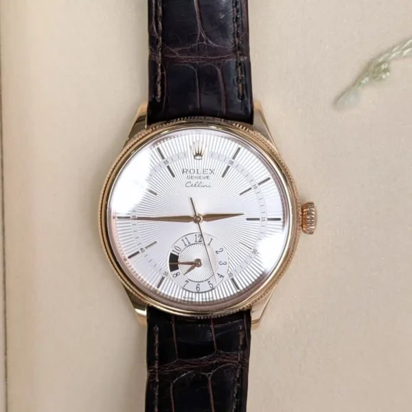Rolex Cellini 50525 Silver Dial Leather Strap Dual Time 39mm Men’s Watch - Image 6