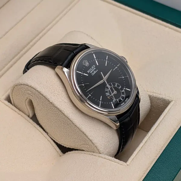 Rolex Cellini 50529 Black Dial Leather Strap Dual Time 39mm Watch - Image 5