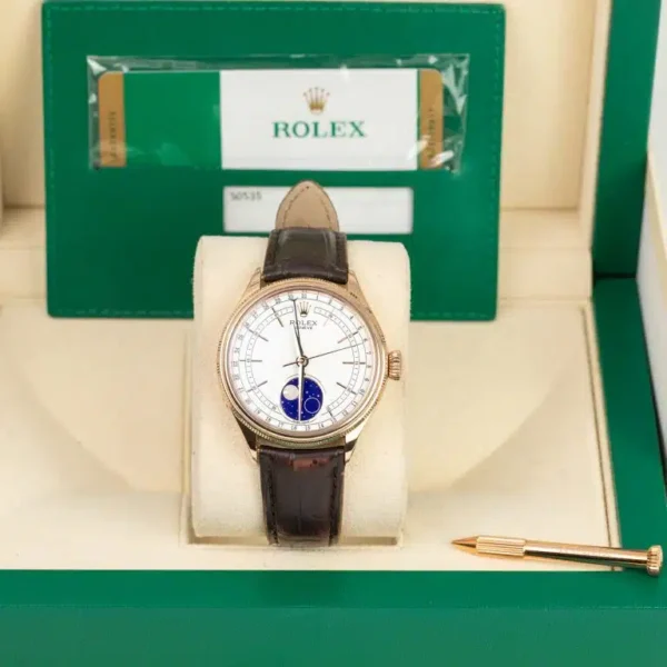 Rolex Cellini Moonphase 50535 White Dial Leather Strap 39mm Watch - Image 7