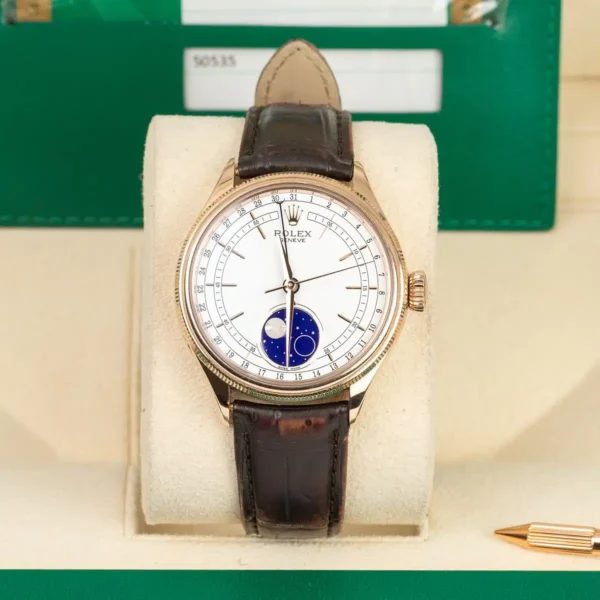 Rolex Cellini Moonphase 50535 White Dial Leather Strap 39mm Watch - Image 6