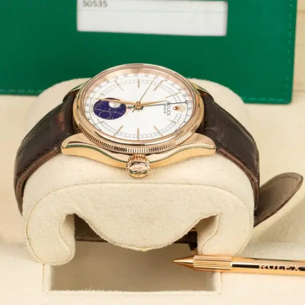 Rolex Cellini Moonphase 50535 White Dial Leather Strap 39mm Watch - Image 5