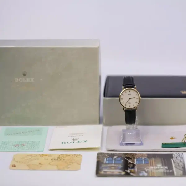 Rolex 5112/8 Cellini 32mm White Roman Dial Yellow Gold Black Leather Strap Watch - Image 3