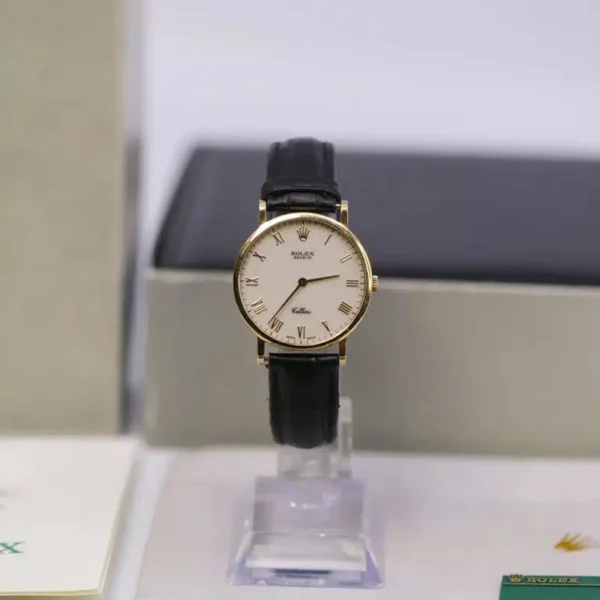 Rolex 5112/8 Cellini 32mm White Roman Dial Yellow Gold Black Leather Strap Watch - Image 7