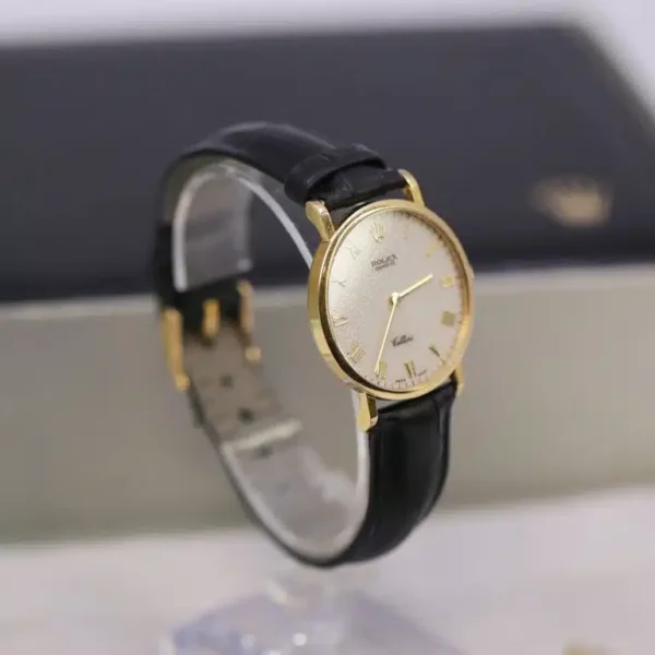 Rolex 5112/8 Cellini 32mm White Roman Dial Yellow Gold Black Leather Strap Watch - Image 6