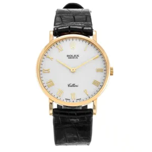 Rolex 5112/8 Cellini 32mm White Roman Dial Yellow Gold Black Leather Strap Watch