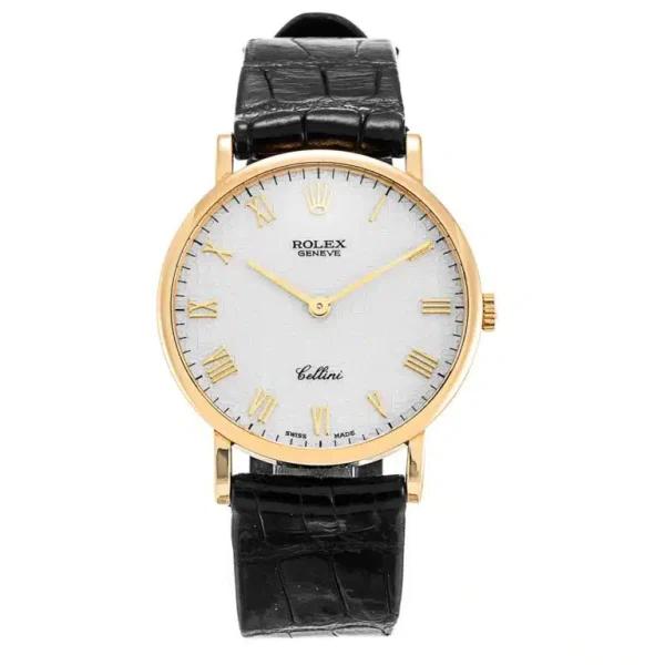 Rolex 5112/8 Cellini 32mm White Roman Dial Yellow Gold Black Leather Strap Watch